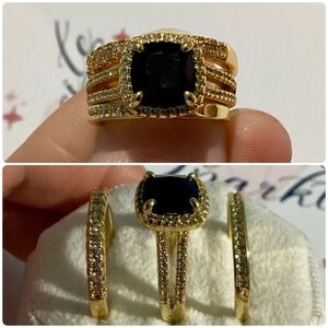 🖤Stunning Bold & Sparkly Black Onyx 3 Piece 10k Gold plated Ring &Bands.